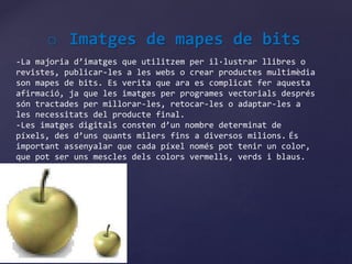 o Imatges de mapes de bits 
-La majoria d’imatges que utilitzem per il·lustrar llibres o 
revistes, publicar-les a les webs o crear productes multimèdia 
son mapes de bits. Es verita que ara es complicat fer aquesta 
afirmació, ja que les imatges per programes vectorials després 
són tractades per millorar-les, retocar-les o adaptar-les a 
les necessitats del producte final. 
-Les imatges digitals consten d’un nombre determinat de 
píxels, des d’uns quants milers fins a diversos milions. És 
important assenyalar que cada píxel només pot tenir un color, 
que pot ser uns mescles dels colors vermells, verds i blaus. 
 