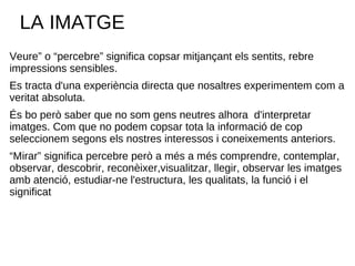 LA IMATGE Veure” o “percebre” significa copsar mitjançant els sentits, rebre impressions sensibles.  Es tracta d'una experiència directa que nosaltres experimentem com a veritat absoluta. És bo però saber que no som gens neutres alhora  d'interpretar imatges. Com que no podem copsar tota la informació de cop seleccionem segons els nostres interessos i coneixements anteriors. “ Mirar” significa percebre però a més a més comprendre, contemplar, observar, descobrir, reconèixer,visualitzar, llegir, observar les imatges amb atenció, estudiar-ne l'estructura, les qualitats, la funció i el significat  