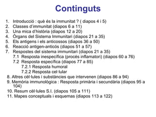 Continguts
1. Introducció : què és la immunitat ? ( diapos 4 i 5)
2. Classes d’immunitat (diapos 6 a 11)
3. Una mica d’història (diapos 12 a 20)
4. Òrgans del Sistema Immunitari (diapos 21 a 35)
5. Els antigens i els anticossos (diapos 36 a 50)
6. Reacció antigen-anticós (diapos 51 a 57)
7. Respostes del sistema immunitari (diapos 21 a 35)
7.1 Resposta inespecífica (procés inflamatori) (diapos 60 a 76)
7.2 Resposta específica (diapos 77 a 85)
7.2.1 Resposta humoral
7.2.2 Resposta cel·lular
8. Altres cèl·lules i substàncies que intervenen (diapos 86 a 94)
9. Memòria immunològica : Resposta primària i secundària (diapos 95 a
104)
10. Resum cèl·lules S.I. (diapos 105 a 111)
11. Mapes conceptuals i esquemas (diapos 113 a 122)
 