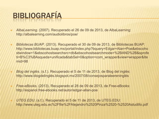 BIBLIOGRAFÍA


AlbaLearning. (2007). Recuperado el 26 de 09 de 2013, de AlbaLearning:
http://albalearning.com/audiolibros/poe/



Bibliotecas BUAP. (2013). Recuperado el 30 de 09 de 2013, de Bibliotecas BUAP:
http://www.bibliotecas.buap.mx/portal/index.php?bquery=Edgar+Alan+Poe&ebscoho
stwindow=1&ebscohostsearchsrc=db&ebscohostsearchmode=%2BAND%2B&sprofe
ti=B%C3%BAsqueda+unificada&tabSel=0&option=com_wrapper&view=wrapper&Ite
mid=98



Blog del inglés. (s.f.). Recuperado el 5 de 11 de 2013, de Blog del inglés:
http://www.blogdelinglés.blogspot.mx/2007/08/consejosparaleereninglés



Free-eBooks. (2013). Recuperado el 28 de 09 de 2013, de Free-eBooks:
http://espanol.free-ebooks.net/autor/edgar-allan-poe



UTEG.EDU. (s.f.). Recuperado el 5 de 11 de 2013, de UTEG.EDU:
http://www.uteg.edu.ec%2Ffile%2FAlejandro%2520Pinza%2520-%2520Astudillo.pdf

 