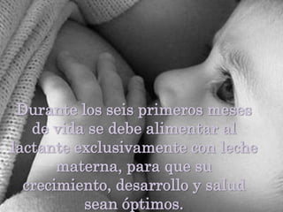 Durante los seis primeros meses de vida se debe alimentar al lactante exclusivamente con leche materna, para que su crecimiento, desarrollo y salud sean óptimos. 