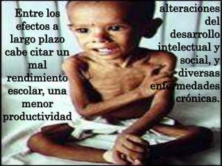 Entre los efectos a largo plazo cabe citar un mal rendimiento escolar, una menor productividadalteraciones del desarrollo intelectual y social, y diversas enfermedades crónicas.