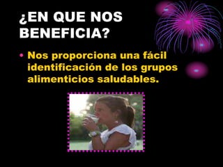 ¿EN QUE NOS
BENEFICIA?
• Nos proporciona una fácil
identificación de los grupos
alimenticios saludables.
 