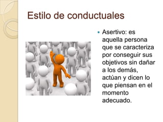 Estilo de conductuales


Asertivo: es
aquella persona
que se caracteriza
por conseguir sus
objetivos sin dañar
a los demás,
actúan y dicen lo
que piensan en el
momento
adecuado.

 