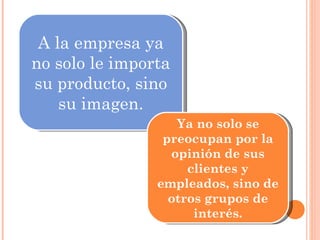 A la empresa ya no solo le importa su producto, sino su imagen. Ya no solo se preocupan por la opinión de sus clientes y empleados, sino de otros grupos de interés. 
