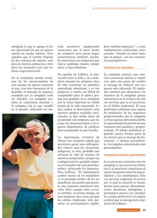 amígdala la que le agrega el cli-
ma emocional de que no parece
tenerla en mucha estima». Esto
significa que el cerebro dispone
de dos sistemas de registro, uno
para los hechos ordinarios y otro
para los recuerdos con una in-
tensa carga emocional.
En el cambiante mundo social,
uno de los inconvenientes de
este sistema de alarma neuronal
es que, con más frecuencia de la
deseable, el mensaje de urgencia
mandado por la amígdala suele
ser obsoleto. La amígdala exa-
mina la experiencia presente y
la compara con lo que sucedió
en el pasado, utilizando un mé-
todo asociativo, equiparando
situaciones por el mero hecho
de compartir unos pocos rasgos
característicos similares, hacien-
do reaccionar con respuestas que
fueron grabadas mucho tiempo
atrás, a veces obsoletas.
En opinión de LeDoux, la inte-
racción entre el niño y sus cuida-
dores durante los primeros años
de vida constituye un auténtico
aprendizaje emocional, y es tan
poderoso y resulta tan difícil de
comprender para el adulto por-
que está grabado en la amígdala
con la tosca impronta no verbal
propia de la vida emocional. Lo
que explica el desconcierto ante
nuestros propios estallidos emo-
cionales es que suelen datar de
un período tan temprano que las
cosas nos desconcertaban y ni si-
quiera disponíamos de palabras
para comprender lo que sucedía.
La importancia evolutiva de
ofrecer una respuesta rápida que
permitiera ganar unos milisegun-
dos críticos ante las situaciones
peligrosas, es muy probable que
salvaran la vida de muchos de
nuestros antepasados, porque esa
configuración ha quedado impre-
sa en el cerebro de todo protoma-
mifero, incluyendo los humanos.
Para LeDoux: “El rudimentario
cerebro menor de los mamíferos
es el principal cerebro de los no
mamíferos, un cerebro que permi-
te una respuesta emocional muy
veloz. Pero, aunque veloz, se tra-
ta también, al mismo tiempo, de
una respuesta muy tosca, porque
las células implicadas sólo per-
miten un procesamiento rápido,
pero también impreciso”, y estas
rudimentarias confusiones emo-
cionales –basadas en sentir antes
que en pensar– son las «emocio-
nes precognitivas».
Gestionar las emociones
La amígdala prepara una reac-
ción emocional ansiosa e impul-
siva, pero otra parte del cerebro
se encarga de elaborar una res-
puesta más adecuada. El regula-
dor cerebral que desconecta los
impulsos de la amígdala parece
encontrarse en el extremo de una
vía nerviosa que va al neocórtex,
en el lóbulo prefrontal. El área
prefrontal constituye una especie
de modulador de las respuestas
proporcionadas por la amígdala
y otras regiones del sistema límbi-
co, permitiendo la emisión de una
respuesta más analítica y propor-
cionada. El lóbulo prefrontal iz-
quierdo parece formar parte de
un circuito que se encarga de des-
conectar –o atenuar parcialmen-
te– los impulsos emocionales más
perturbadores.
Armonizar emoción y pensamiento
Las conexiones existentes entre la
amígdala (y las estructuras límbi-
cas) y el neocórtex constituyen el
centro de gestión entre los pensa-
mientos y los sentimientos. Esta
vía nerviosa explicaría el motivo
por el cual la emoción es funda-
mental para pensar eficazmente,
tomar decisiones inteligentes y
permitimos pensar con claridad.
La corteza prefrontal es la región
cerebral que se encarga de la «me-
moria de trabajo».
Más información 49
La importancia de la inteligencia emocional
 