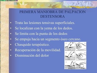 PRIMERA MANIOBRA DE PALPACION DESTENSORA<br />Trata las lesiones tensivas superficiales.<br />Se localizan con la yema de ...