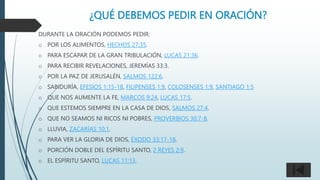 ¿QUÉ DEBEMOS PEDIR EN ORACIÓN?
DURANTE LA ORACIÓN PODEMOS PEDIR:
o POR LOS ALIMENTOS, HECHOS 27:35.
o PARA ESCAPAR DE LA GRAN TRIBULACIÓN, LUCAS 21:36.
o PARA RECIBIR REVELACIONES, JEREMÍAS 33:3.
o POR LA PAZ DE JERUSALÉN, SALMOS 122:6.
o SABIDURÍA, EFESIOS 1:15-18, FILIPENSES 1:9, COLOSENSES 1:9, SANTIAGO 1:5
o QUE NOS AUMENTE LA FE, MARCOS 9:24, LUCAS 17:5.
o QUE ESTEMOS SIEMPRE EN LA CASA DE DIOS, SALMOS 27:4.
o QUE NO SEAMOS NI RICOS NI POBRES, PROVERBIOS 30:7-8.
o LLUVIA, ZACARÍAS 10:1.
o PARA VER LA GLORIA DE DIOS, ÉXODO 33:17-18.
o PORCIÓN DOBLE DEL ESPÍRITU SANTO, 2 REYES 2:9.
o EL ESPÍRITU SANTO, LUCAS 11:13.
 