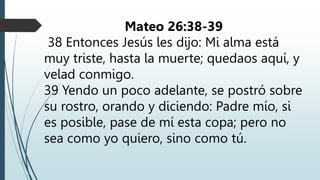 Mateo 26:38-39
38 Entonces Jesús les dijo: Mi alma está
muy triste, hasta la muerte; quedaos aquí, y
velad conmigo.
39 Yendo un poco adelante, se postró sobre
su rostro, orando y diciendo: Padre mío, si
es posible, pase de mí esta copa; pero no
sea como yo quiero, sino como tú.
 