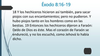 Éxodo 8:16-19
18 Y los hechiceros hicieron así también, para sacar
piojos con sus encantamientos; pero no pudieron. Y
hubo piojos tanto en los hombres como en las
bestias. 19 Entonces los hechiceros dijeron a Faraón:
Dedo de Dios es éste. Mas el corazón de Faraón se
endureció, y no los escuchó, como Jehová lo había
dicho.
 