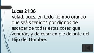 Lucas 21:36
Velad, pues, en todo tiempo orando
que seáis tenidos por dignos de
escapar de todas estas cosas que
vendrán, y de estar en pie delante del
Hijo del Hombre.
 