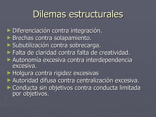 Dilemas estructurales
► Diferenciación  contra integración.
► Brechas contra solapamiento.
► Subutilización contra sobrecarga.
► Falta de claridad contra falta de creatividad.
► Autonomía excesiva contra interdependencia
  excesiva.
► Holgura contra rigidez excesivas
► Autoridad difusa contra centralización excesiva.
► Conducta sin objetivos contra conducta limitada
  por objetivos.
 