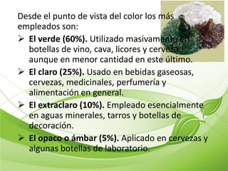 Desde el punto de vista del color los más
empleados son:
 El verde (60%). Utilizado masivamente en
  botellas de vino, cava, licores y cerveza,
  aunque en menor cantidad en este último.
 El claro (25%). Usado en bebidas gaseosas,
  cervezas, medicinales, perfumería y
  alimentación en general.
 El extraclaro (10%). Empleado esencialmente
  en aguas minerales, tarros y botellas de
  decoración.
 El opaco o ámbar (5%). Aplicado en cervezas y
  algunas botellas de laboratorio.
 
