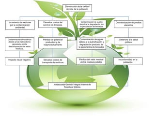 Disminución de la calidad
                                                       de vida de la población




 Incremento de vectores       Elevados costos del                     Contaminación de suelos       Desvalorización de predios
   por la contaminación       servicio de limpieza.                  debido a la degradación por            aledaños
                                                                     la percolación de lixiviados
         ambiental




Contaminación atmosférica    Pérdida de potencial                    Contaminación de aguas            Deterioro a la salud
 debido a los malos olores     productivo y de                      debido a la eutroficación y              pública.
     generados por la        reaprovechamiento                       degradación producto de
 descomposición de estos                                            la escorrentía de lixiviados
         residuos.




Impacto visual negativo        Elevados costos de                   Pérdida del valor residual        Inconformidad en la
                             transporte de residuos                  de los residuos sólidos               población




                                         Inadecuada Gestión Integral Interna de
                                                  Residuos Sólidos
 