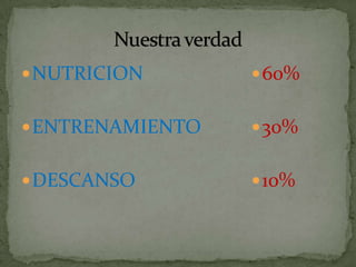  NUTRICION        60%


 ENTRENAMIENTO    30%


 DESCANSO         10%
 