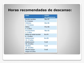 Horas recomendadas de descanso:
 