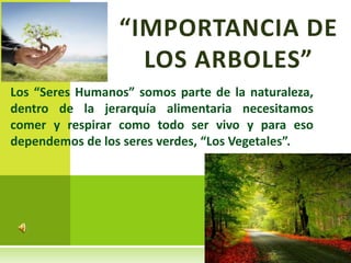 “IMPORTANCIA DE
                   LOS ARBOLES”
Los “Seres Humanos” somos parte de la naturaleza,
dentro de la jerarquía alimentaria necesitamos
comer y respirar como todo ser vivo y para eso
dependemos de los seres verdes, “Los Vegetales”.
 