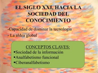 EL SIGLO XXI, HACIA LA
         SOCIEDAD DEL
        CONOCIMIENTO
-Capacidad de dominar la tecnología
- La aldea global

         CONCEPTOS CLAVES:
   Sociedad de la información
   Analfabetismo funcional
   Ciberanalfabetismo
 