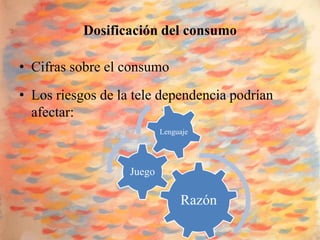 Dosificación del consumo

• Cifras sobre el consumo
• Los riesgos de la tele dependencia podrían
  afectar:
                           Lenguaje




                   Juego

                                Razón
 