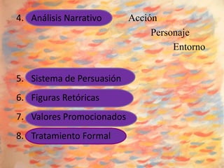 4. Análisis Narrativo      Acción
                                Personaje
                                     Entorno


5. Sistema de Persuasión
6. Figuras Retóricas
7. Valores Promocionados
8. Tratamiento Formal
 