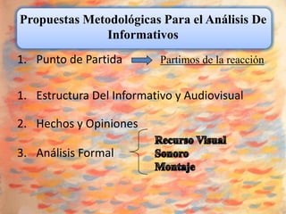 Propuestas Metodológicas Para el Análisis De
              Informativos
1. Punto de Partida        Partimos de la reacción


1. Estructura Del Informativo y Audiovisual

2. Hechos y Opiniones

3. Análisis Formal
 