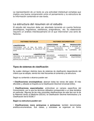 La representación de un texto es una actividad intelectual compleja que 
implica una buena comprensión entre el pensamiento y la estructura de 
la información contenida en ese texto. 
La estructura del resumen en el estudio 
El estudio del resumen debe ser abordado teniendo en cuenta factores 
psicológicos, lingüísticos, estilísticos, pragmáticos, etc. Su elaboración 
requiere un análisis interdisciplinario en el que intervienen una serie de 
factores: 
FACTORES TEXTUALES FACTORES DOCUMENTALES 
LINGÜÍSTICOS 
relacionados con el tipo de texto, la 
complejidad del lenguaje, la estructura del 
texto 
CONDICIONES DE PRODUCCIÓN 
relacionados con los objetivos, la prioridad de 
los documentos a resumir, 
los medios tecnológicos, las cualidades del 
resumidor. 
EXTRA LINGÜÍSTICOS 
referentes a la capacidad de abstracción del 
resumidor, a su conocimiento sobre el 
dominio de la materia. 
RECURSOS HUMANOS Y ECONÓMICOS 
disponibilidad económica, disponibilidad 
detiempo. 
Tipos de sistemas de clasificación 
Se suelen distinguir distintos tipos de sistemas de clasificación dependiendo del 
criterio que se adopte, siendo los más frecuentes el contenido y la estructura. 
Según su contenido o alcance pueden ser: 
• Clasificaciones enciclopédicas: abarcan todas las ramas del saber. El más 
difundido y utilizado en España es la Clasificación Decimal Universal (CDU). 
• Clasificaciones especializadas: profundizan en campos específicos del 
Conocimiento, por lo que los términos utilizados corresponden a un área temática 
en particular. Algunas de las más conocidas clasificaciones de este tipo son la de 
la National Library of Medicine (EEUU), la Clasificación Decimal Astronáutica y la 
Clasificación de la OCDE.7 
Según su estructura pueden ser: 
• Clasificaciones mono jerárquicas o jerárquicas: también denominadas 
analítico-enumerativas. Sus clases, y subclases se organizan en forma 
 