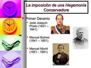 La imposición de una Hegemonía
Conservadora


Primer Decenio


José Joaquín
Prieto (1831 –
1841)



Manuel Bulnes
(1841 – 1851)



Manuel Montt
(1851 - 1861)

 