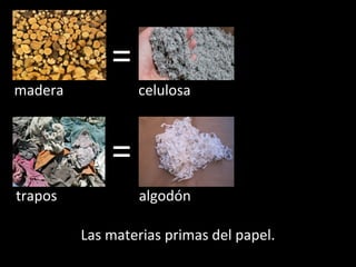 =
madera

celulosa

=
trapos

algodón
Las materias primas del papel.

 