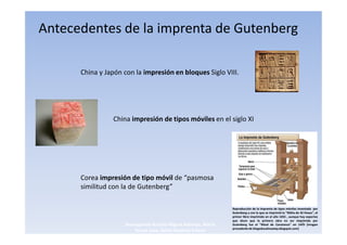 Antecedentes de la imprenta de Gutenberg

      China y Japón con la impresión en bloques Siglo VIII.




                China impresión de tipos móviles en el siglo XI




      Corea impresión de tipo móvil de “pasmosa
      similitud con la de Gutenberg”

                                                                Reproducción de la Imprenta de tipos móviles inventada por
                                                                Gutenberg y con la que se imprimió la "Biblia de 42 líneas", el
                                                                primer libro imprimido en el año 1455 , aunque hay expertos
                                                                que dicen que la primera obra en ser imprimida por
                    3navegantes Aurelio Miguel Belando, Maria                                                     3
                                                                Gutenberg fue el "Misal de Constanza" en 1449 (imagen
                                                                procedente de blogeducativoaiep.blogspot.com)
                        Teresa Losa, Delvis Ramirez Solano
 