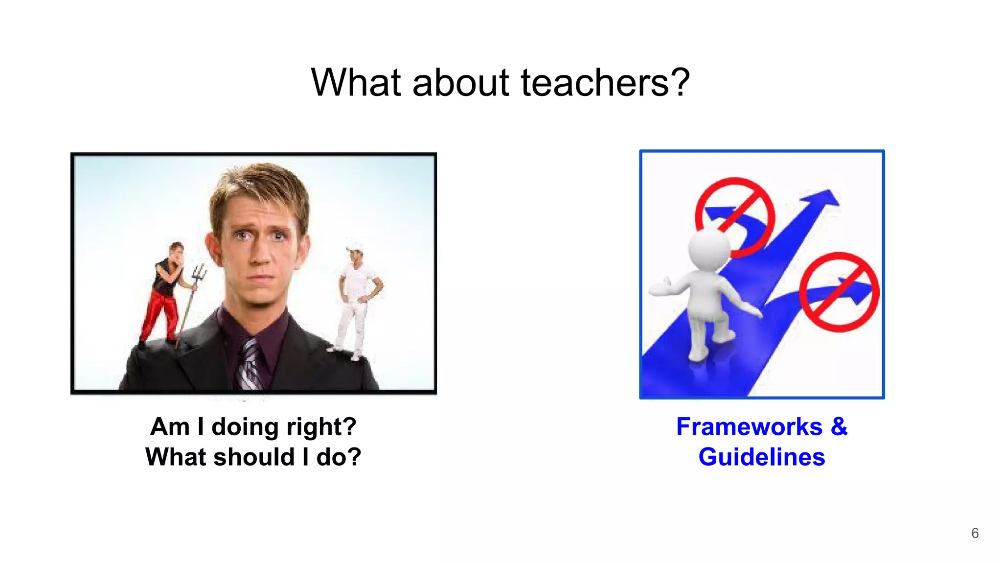 What about teachers?
Am I doing right?
What should I do?
Frameworks &
Guidelines
6
 