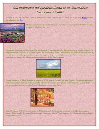 ¡La inclinación del Eje de la Tierra es la Causa de la
                          Estaciones del Año!
Durante el año, las estaciones cambian dependiendo de la cantidad de luz solar que llega a la Tierra mientras
gira alrededor del Sol.

                          A causa de las variaciones climáticas que sufre la Tierra, el año está dividido en cuatro
                          períodos o estaciones que son:




Primavera: Comienza el 23 de septiembre y termina el 20 de diciembre. Los días comienzan a ser más largos y las
temperaturas se suavizan; en algunos lugares del planeta hay lluvias abundantes; los animales se despiertan de
sus letargos invernales y comienzan a prepararse para la procreación; las aves que habían emigrado en otoño,
regresan a sus nidos y las plantas echan sus primeras hojas, flores y frutos.




Verano: Comienza el 21 de diciembre y termina el 20 de marzo. Los días son muy largos y las noches más cortas;
las temperaturas son elevadas. Los animales atienden a sus crías y las plantas están llenas de hojas y frutos. En
esta estación las personas acostumbran ir a la playa usando ropa ligera.




Otoño: Comienza el 21 de marzo y terina el 20 de junio. Los días empiezan a ser más cortos, las temperaturas
bajan y llueve mucho. Los animales empiezan a prepararse para el frío o emigran; las plantas pierden sus hojas
y aparecen las setas.
 