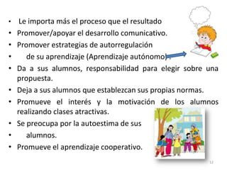 12
• Le importa más el proceso que el resultado
• Promover/apoyar el desarrollo comunicativo.
• Promover estrategias de autorregulación
• de su aprendizaje (Aprendizaje autónomo) .
• Da a sus alumnos, responsabilidad para elegir sobre una
propuesta.
• Deja a sus alumnos que establezcan sus propias normas.
• Promueve el interés y la motivación de los alumnos
realizando clases atractivas.
• Se preocupa por la autoestima de sus
• alumnos.
• Promueve el aprendizaje cooperativo.
 