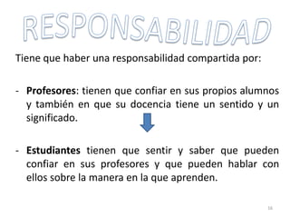 Tiene que haber una responsabilidad compartida por:
- Profesores: tienen que confiar en sus propios alumnos
y también en que su docencia tiene un sentido y un
significado.
- Estudiantes tienen que sentir y saber que pueden
confiar en sus profesores y que pueden hablar con
ellos sobre la manera en la que aprenden.
16
 