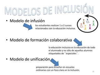 • Modelo de infusión
• Modelo de formación colaborativa
• Modelo de unificación
los estudiantes realizan 1 o 2 cursos
relacionados con la educación inclusiva.
la educación inclusiva es la educación de todo
el alumnado y no sólo de aquellos alumnos
etiquetados de ``especiales´´.
preparación para enseñar en escuelas
ordinarias con un foco claro en la inclusión. 18
 