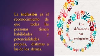 La inclusión es el
reconocimiento de
que todas las
personas tienen
habilidades y
potencialidades
propias, distintas a
las de los demás.