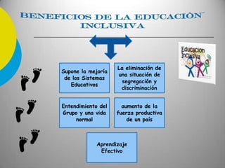 Supone la mejoría
de los Sistemas
Educativos
La eliminación de
una situación de
segregación y
discriminación
Entendimiento del
Grupo y una vida
normal
aumento de la
fuerza productiva
de un país
Aprendizaje
Efectivo
 