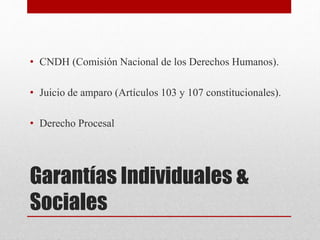 Garantías Individuales &
Sociales
• CNDH (Comisión Nacional de los Derechos Humanos).
• Juicio de amparo (Artículos 103 y 107 constitucionales).
• Derecho Procesal
 