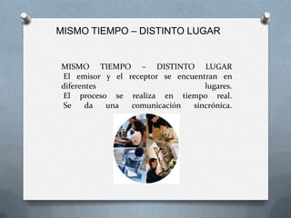 MISMO TIEMPO – DISTINTO LUGAR


MISMO TIEMPO – DISTINTO LUGAR
El emisor y el receptor se encuentran en
diferentes                        lugares.
El proceso se realiza en tiempo real.
Se     da  una  comunicación   sincrónica.
 
