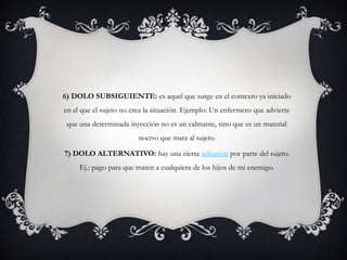 6) DOLO SUBSIGUIENTE: es aquel que surge en el contexto ya iniciado
en el que el sujeto no crea la situación. Ejemplo: Un enfermero que advierte
 que una determinada inyección no es un calmante, sino que es un material
                         nocivo que mata al sujeto.

7) DOLO ALTERNATIVO: hay una cierta selección por parte del sujeto.
     Ej.: pago para que maten a cualquiera de los hijos de mi enemigo.
 