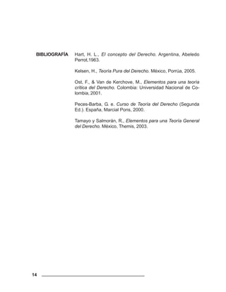 14
Hart, H. L., El concepto del Derecho. Argentina, Abeledo
Perrot,1963.
Kelsen, H., Teoría Pura del Derecho. México, Porrúa, 2005.
Ost, F., & Van de Kerchove, M., Elementos para una teoría
crítica del Derecho. Colombia: Universidad Nacional de Co-
lombia, 2001.
Peces-Barba, G. e. Curso de Teoría del Derecho (Segunda
Ed.). España, Marcial Pons, 2000.
Tamayo y Salmorán, R., Elementos para una Teoría General
del Derecho. México, Themis, 2003.
BIBLIOGRAFÍA
 