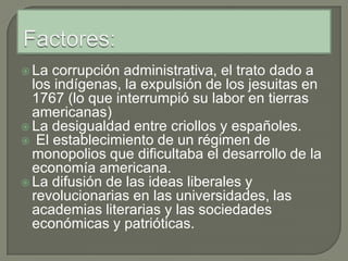 Factores:Causas externas:La Ilustración hizo aparecer la idea de libertad, mientras que la Declaración de Independencia estadounidense (1776) y la Revolución Francesa (1789-1799) sirvieron de modelos para la lucha independentista.