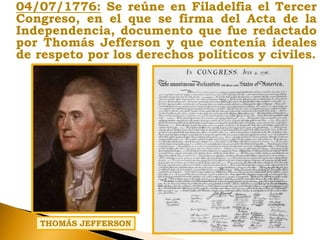 04/07/1776: Se reúne en Filadelfia el Tercer
Congreso, en el que se firma del Acta de la
Independencia, documento que fue redactado
por Thomás Jefferson y que contenía ideales
de respeto por los derechos políticos y civiles.
THOMÁS JEFFERSON
 