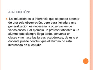 LA INDUCCIÓN:

    La inducción es la inferencia que se puede obtener
    de una sola observación, pero para llevarla a una
    generalización es necesaria la observación de
    varios casos. Por ejemplo un profesor observa a un
    alumno que siempre llega tarde, conversa en
    clases y no hace las tareas académicas, de esto el
    docente puede concluir que el alumno no esta
    interesado en el estudio.
 