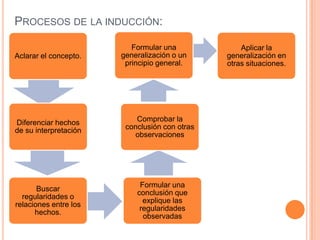 PROCESOS DE LA INDUCCIÓN:

                          Formular una             Aplicar la
Aclarar el concepto.   generalización o un     generalización en
                        principio general.     otras situaciones.




Diferenciar hechos         Comprobar la
de su interpretación    conclusión con otras
                          observaciones




                            Formular una
       Buscar
                           conclusión que
  regularidades o
                             explique las
relaciones entre los
                            regularidades
      hechos.
                             observadas
 