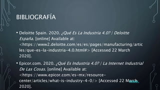 BIBLIOGRAFÍA
• Deloitte Spain. 2020. ¿Qué Es La Industria 4.0? | Deloitte
España. [online] Available at:
<https://www2.deloitte.com/es/es/pages/manufacturing/artic
les/que-es-la-industria-4.0.html#> [Accessed 22 March
2020].
• Epicor.com. 2020. ¿Qué Es Industria 4.0? | La Internet Industrial
De Las Cosas. [online] Available at:
<https://www.epicor.com/es-mx/resource-
center/articles/what-is-industry-4-0/> [Accessed 22 March
2020].
Volver.
 
