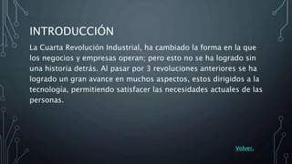 INTRODUCCIÓN
La Cuarta Revolución Industrial, ha cambiado la forma en la que
los negocios y empresas operan; pero esto no se ha logrado sin
una historia detrás. Al pasar por 3 revoluciones anteriores se ha
logrado un gran avance en muchos aspectos, estos dirigidos a la
tecnología, permitiendo satisfacer las necesidades actuales de las
personas.
Volver.
 