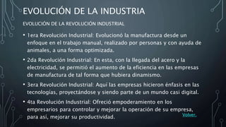 EVOLUCIÓN DE LA INDUSTRIA
EVOLUCIÓN DE LA REVOLUCIÓN INDUSTRIAL
• 1era Revolución Industrial: Evolucionó la manufactura desde un
enfoque en el trabajo manual, realizado por personas y con ayuda de
animales, a una forma optimizada.
• 2da Revolución Industrial: En esta, con la llegada del acero y la
electricidad, se permitió el aumento de la eficiencia en las empresas
de manufactura de tal forma que hubiera dinamismo.
• 3era Revolución Industrial: Aquí las empresas hicieron énfasis en las
tecnologías, proyectándose y siendo parte de un mundo casi digital.
• 4ta Revolución Industrial: Ofreció empoderamiento en los
empresarios para controlar y mejorar la operación de su empresa,
para así, mejorar su productividad. Volver.
 