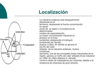Localización
La industria andaluza está desigualmente
distribuida en el
territorio, destacando la fuerte concentración
en pocas
zonas de la región y la existencia de
determinados
núcleos de especialización.
La mayor concentración industrial se
produce en el área
occidental, destacando el triángulo
constituido por Sevilla,
Huelva y Cádiz. En Sevilla se genera el
24,4% del valor
añadido de la industria andaluza. Huelva
constituye,
asimismo, una de las principales áreas industriales de la
región: genera un 9,8% del valor añadido bruto industrial
en 1989. En Cádiz destaca el elevado
número medio de trabajadores por empresa, debido a la
existencia de empresas de gran tamaño.
 