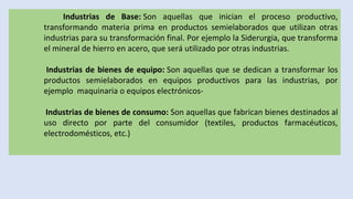 Industrias de Base: Son aquellas que inician el proceso productivo,
transformando materia prima en productos semielaborados que utilizan otras
industrias para su transformación final. Por ejemplo la Siderurgia, que transforma
el mineral de hierro en acero, que será utilizado por otras industrias.
Industrias de bienes de equipo: Son aquellas que se dedican a transformar los
productos semielaborados en equipos productivos para las industrias, por
ejemplo maquinaria o equipos electrónicos-
Industrias de bienes de consumo: Son aquellas que fabrican bienes destinados al
uso directo por parte del consumidor (textiles, productos farmacéuticos,
electrodomésticos, etc.)