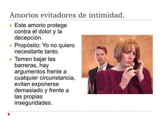 Amorios evitadores de intimidad. 
 Este amorio protege 
contra el dolor y la 
decepción. 
 Propósito: Yo no quiero 
necesitarte tanto. 
 Temen bajar las 
barreras, hay 
argumentos frente a 
cualquier circunstancia, 
evitan exponerse 
demasiado y frente a 
las propias 
inseguridades. 
 
